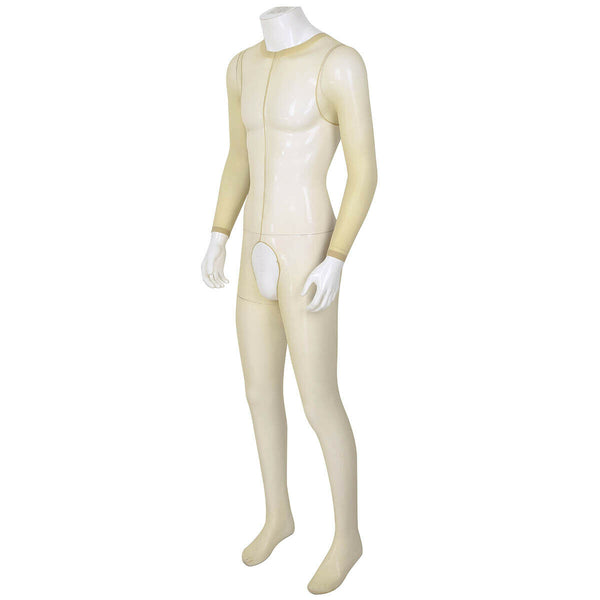 Nude men specific bodystocking features a scoop neckline, an open crotch, mesh bodice and long sleeves 