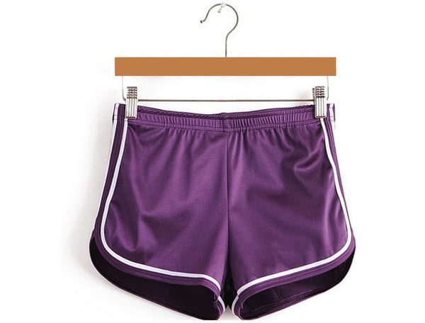 Purple silky high waisted booty shorts featuring a elastic waistband, white edging line that accentuate your butt, comfortable and stretchy. 