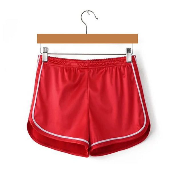 Red silky high waisted booty shorts featuring a elastic waistband, white edging line that accentuate your butt, comfortable and stretchy. 