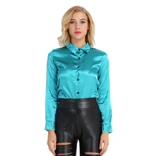 turquoise  satin blouse featuring button down closure, long sleeves, fitted silhouette. 