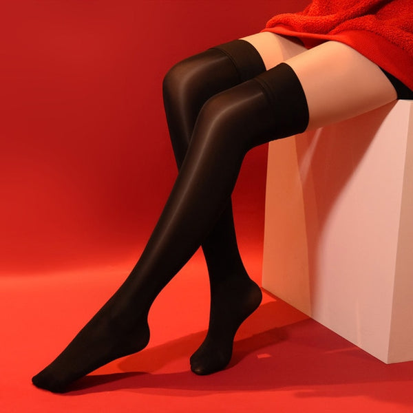 Black 8 denier sheer shiny thigh high stockings with solid leg band