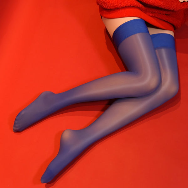 Blue 8 denier sheer shiny thigh high stockings with solid leg band