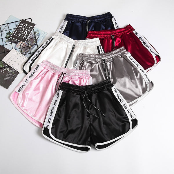 showcase photos of silky satin shorts with front draw string