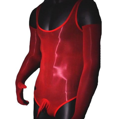 Front view of red sheer shiny men's specific teddy featuring a scoop neckline, thick shoulder strap, and a penis sheath  with matching gloves.