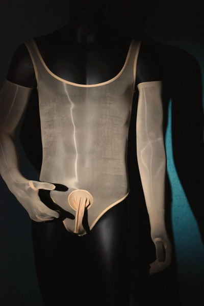 Front view of beige sheer shiny men's specific teddy featuring a scoop neckline, thick shoulder strap, and a penis sheath  with matching gloves.