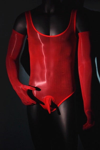 Front view of red sheer shiny men's specific teddy featuring a scoop neckline, thick shoulder strap, and a penis sheath  with matching gloves.