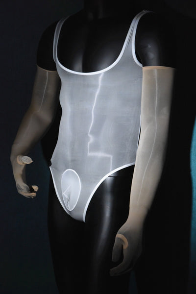 Front view of white sheer shiny men's specific teddy featuring a scoop neckline, thick shoulder strap, and a penis support pouch  with matching gloves.