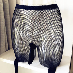 black fishnet mantyhose featuring a penis sheath (option of closed of open tip)