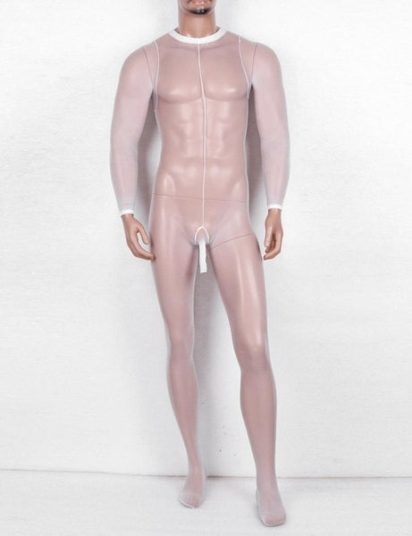 Front view of men specific white sheer mesh bodystocking with long sleeves and an open tip penis shealth.