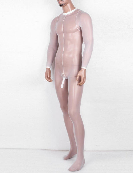 Front view of men specific white sheer mesh bodystocking with long sleeves and an open tip penis shealth.
