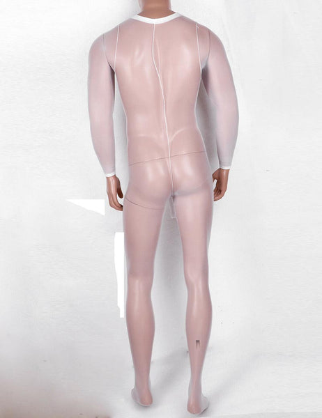 Back view of men specific white sheer mesh bodystocking with long sleeves and an open tip penis shealth.