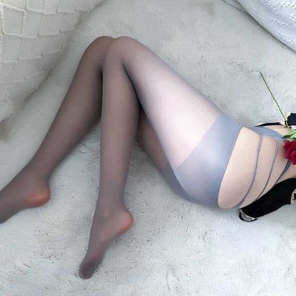 side view of lady wearing gray sheer pantyhose features a strappy waist band, and an open crotch showing off her feet