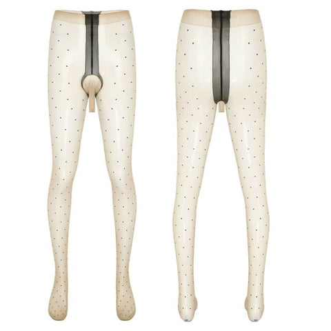 front and back view of beige mantyhose featuring all round polka dot with open tip penis sheath.