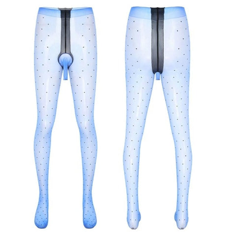 front and back view of blue mantyhose featuring all round polka dot with open tip penis sheath.