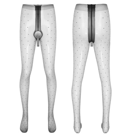 front and back view of gray mantyhose featuring all round polka dot with open tip penis sheath.