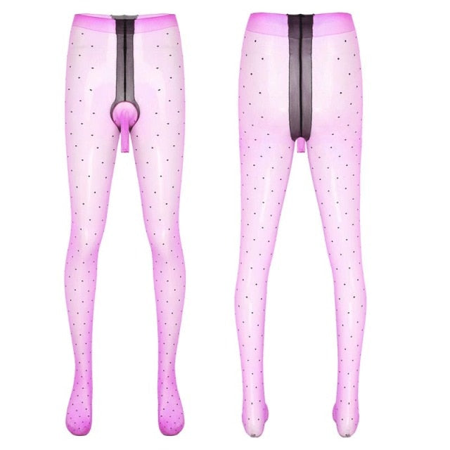 front and back view of pink mantyhose featuring all round polka dot with open tip penis sheath.
