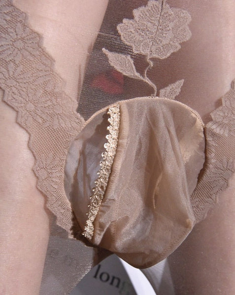 Front view of  beige men's sheer pantyhose with floral lace panty section and nylon penis support pouch.