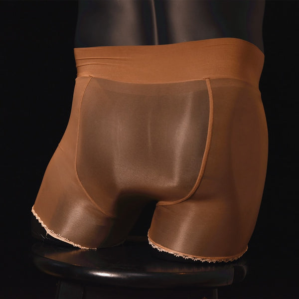 Back view of men's sheer brown shiny nylon boxer brief.