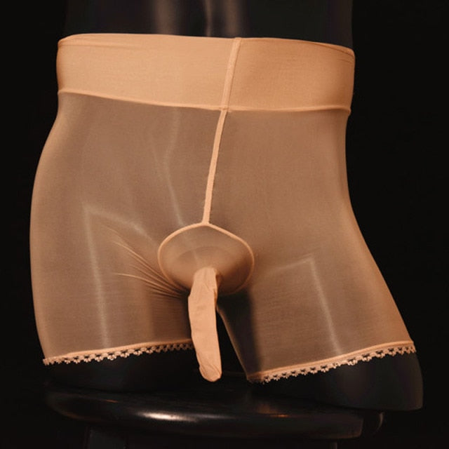 Front view of men's sheer beige shiny nylon boxer brief with penis sheath.