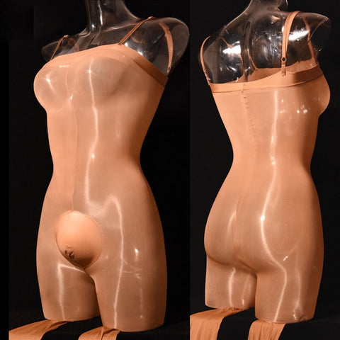 Front and back view of brown men-specific bodystocking features a supporting pouch for all-day comfort and adjustable shoulder straps.