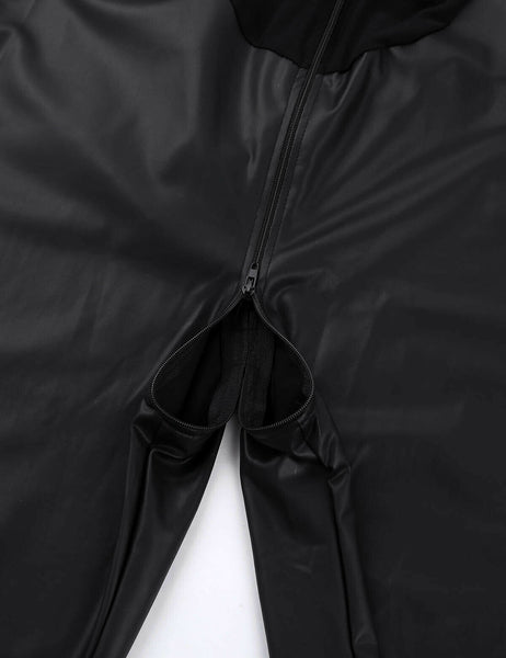 Close up view of black men's bodysuit zipper closure.