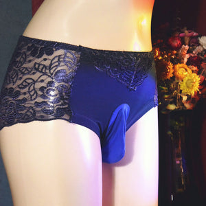 Front view of men's blue sheer lace briefs with support pouch.
