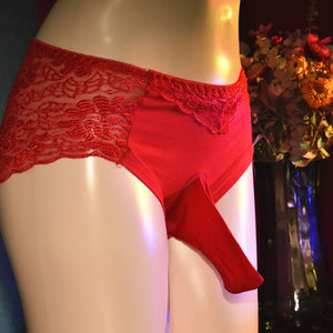 Front view of men's red sheer lace briefs with penis sheath.