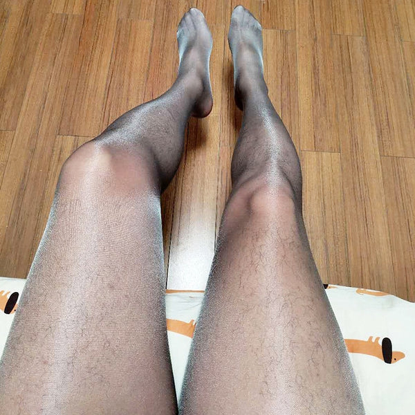 Front view of men's specific black sheer pantyhose.