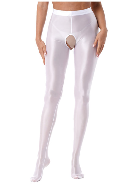 Front view of lady wearing wet look white pantyhose with an open crotch.
