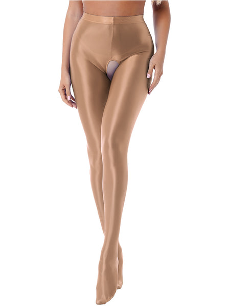 Front view of lady wearing wet look brown pantyhose with an open crotch.