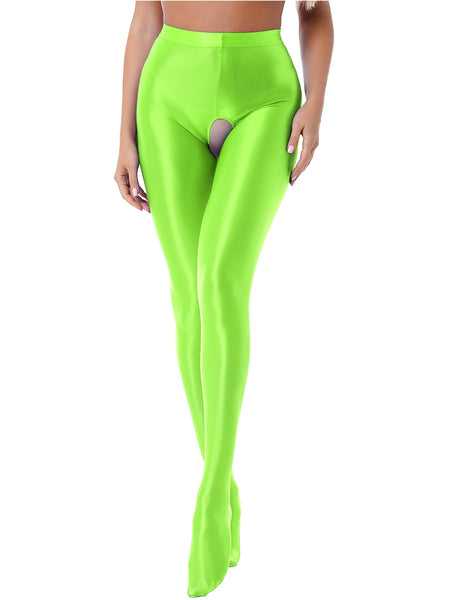 Front view of lady wearing wet look lumi green pantyhose with an open crotch.