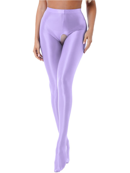 Front view of lady wearing wet look light purple pantyhose with an open crotch.