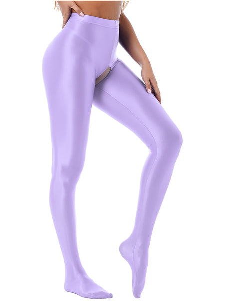 Side view of lady wearing wet look light purple pantyhose with an open crotch.
