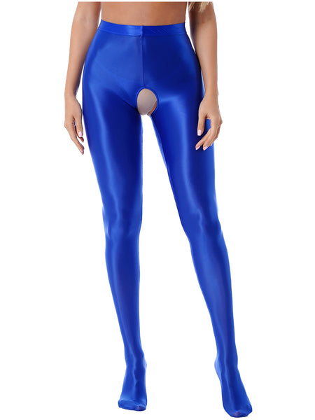 Front view of lady wearing wet look blue pantyhose with an open crotch.