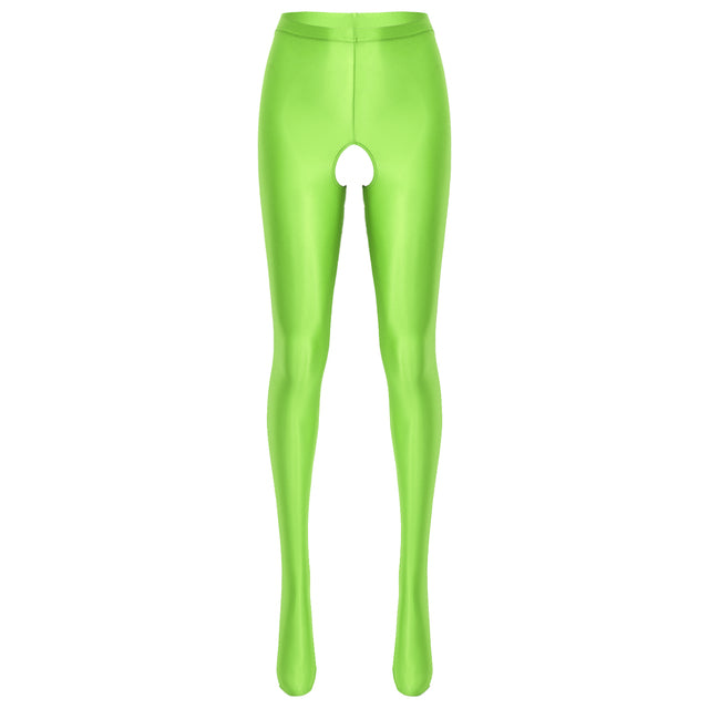 Front view of wet look lumi green pantyhose with an open crotch.