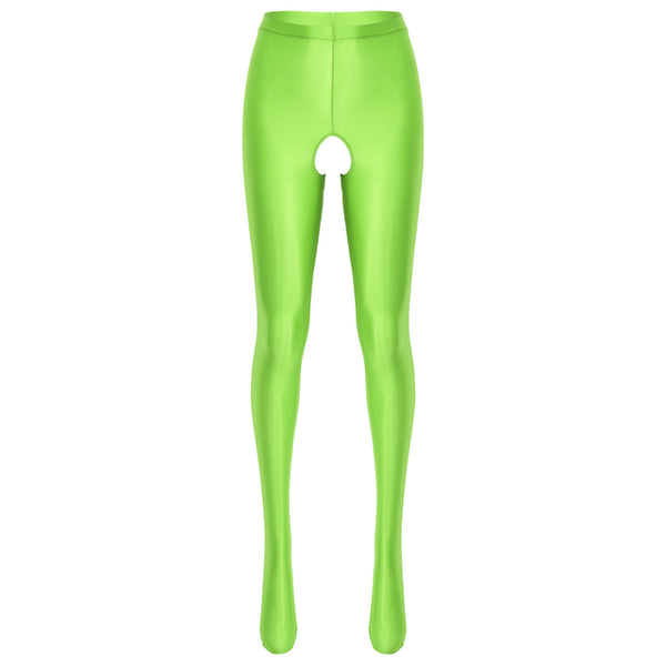 Front view of wet look lumi green pantyhose with an open crotch.