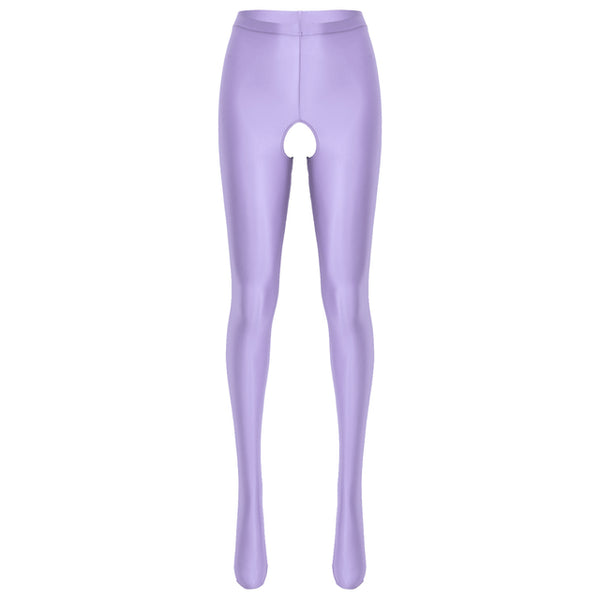 Front view of light purple wet look pantyhose with an open crotch.