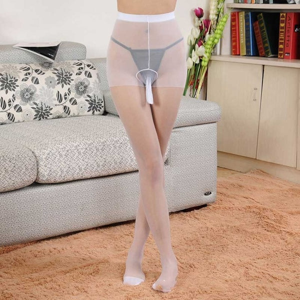 White mens specific sheer pantyhose featuring a sheath for your family jewel,  wide comfortable waistband, an over the toe style. 