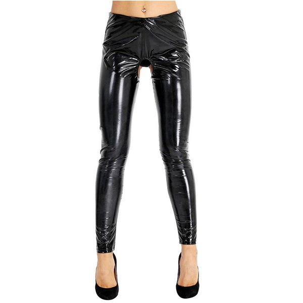 front view of lady wearing black shiny wet look legging featuring an open crotch with black high heel