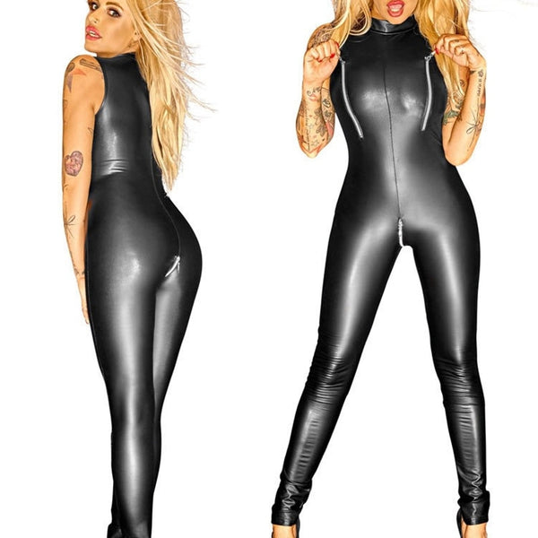 Black wet look bodysuit featuring a high neck, zip at crotch area, ankle length. 