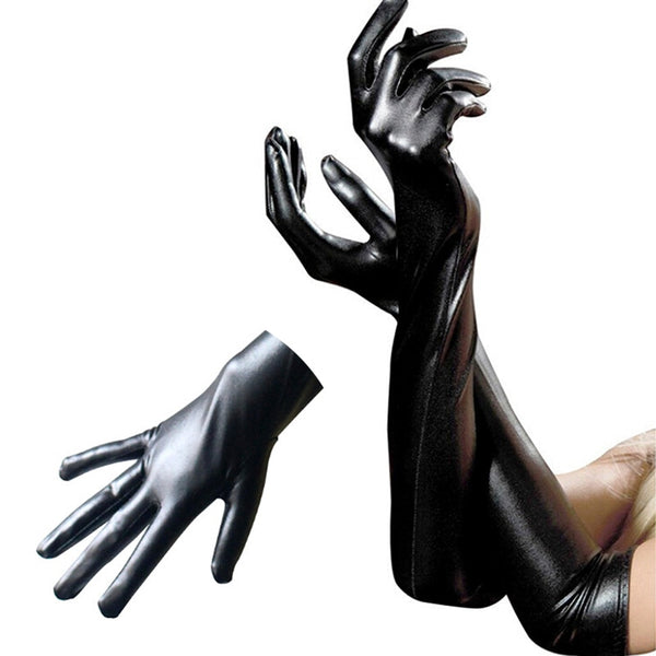 Black Latex Leather Wet Look Above Elbow Gloves