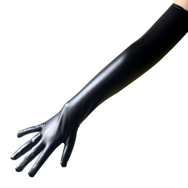 Black Latex Leather Wet Look Above Elbow Gloves