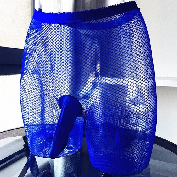 blue fishnet mantyhose featuring a penis sheath (option of closed of open tip)